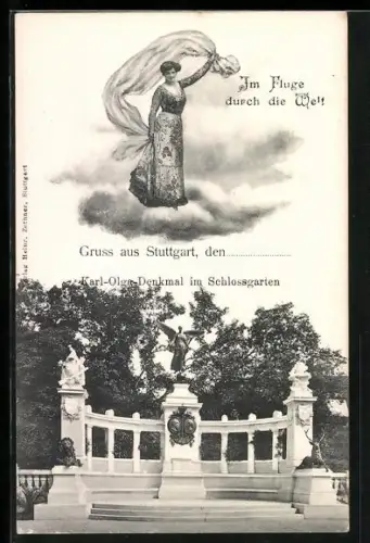 AK Stuttgart, Karl-Olga-Denkmal im Schlossgarten, Frau mit Tuch in den Wolken