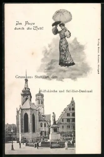AK Stuttgart, Stiftskirche mit Schillerdenkmal, Fliegende Dame mit Schirm