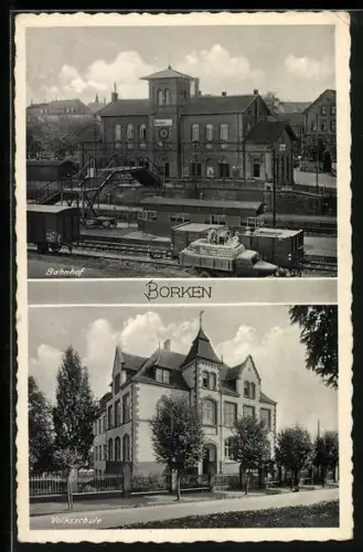 AK Borken / Kassel, Gleise vor dem Bahnhof, Blick auf das Volksschule