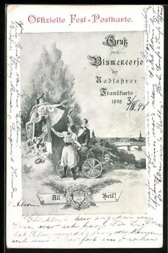 Künstler-AK Frankfurt, Festpostkarte Blumencorso der Radfahrer 1898