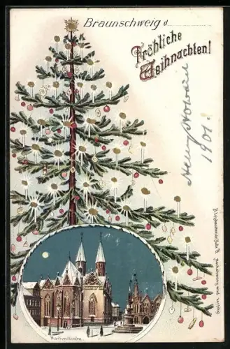Winter-Lithographie Braunschweig, Marthinkirche mit Brunnen im Schnee, Geschmückter Weihnachtsbaum