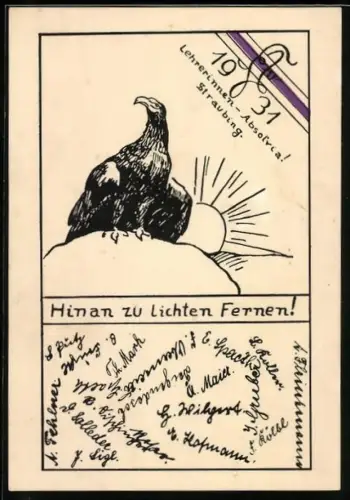 Künstler-AK Straubing, Lehrerinnen-Absolvia 1931, Adler bei Sonnenaufgang