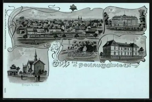 Mondschein-Lithographie Donaueschingen, Fürstl. Schloss, Bezirksamt, Donauquelle, Evangel. Kirche