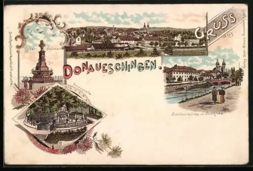 Lithographie Donaueschingen, Schützenbrücke und Stadtkirche, Donauquelle, Kaiser-Brunnen