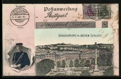 AK Stuttgart, Schlossplatz m. Neuem Schloss, Postbote mit Brief