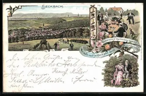 Lithographie Frankfurt-Seckbach, Totalansicht, Ausschank mit Gästen