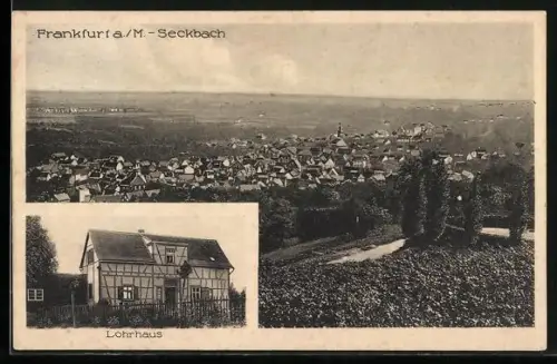 AK Frankfurt-Seckbach, Fachwerkhaus Lohrhaus und Ortspanorama