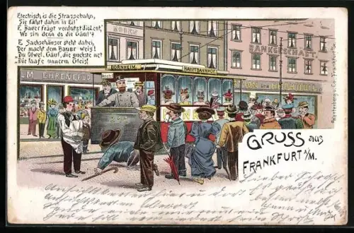 Lithographie Frankfurt-Bornheim, Fussgänger fällt vor die Strassenbahn der Linie Bornheim-Hauptbahnhof