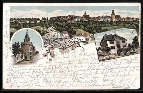 Lithographie Frankfurt-Bergen-Enkheim, Turm aus der Römerzeit, Schelmenburg, Ortspanorama