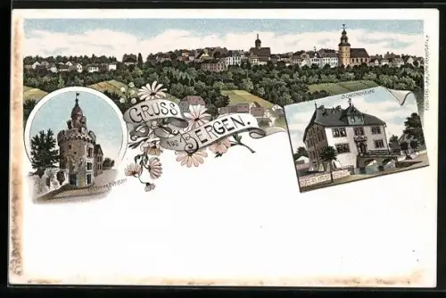 Lithographie Frankfurt-Bergen-Enkheim, Schelmenburg, Turm aus der Römerzeit, Ortspanorama