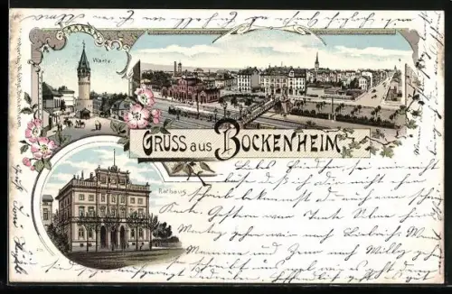 Lithographie Bockenheim, Warte, Rathauas, Ortspanorama mit Zug