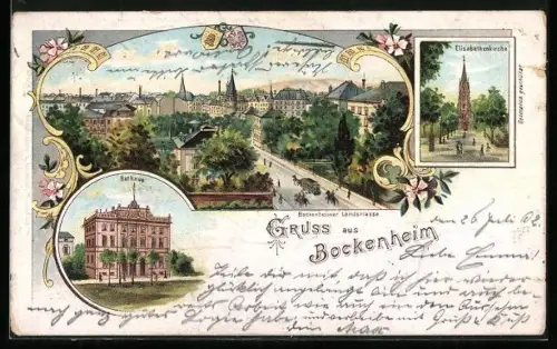 Lithographie Frankfurt-Bockenheim, Rathaus, Elisabethenkirche, Ortsansicht