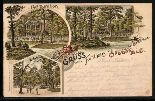 Lithographie Bockenheim, Restaurant Forsthaus Biegwald, Partie im Park