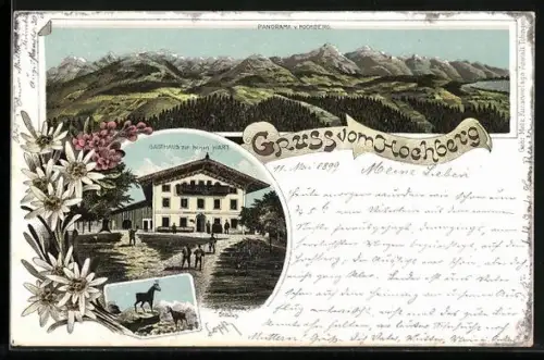 Lithographie Hochberg / Traunstein, Gasthaus zur hohen Wart, Panorama