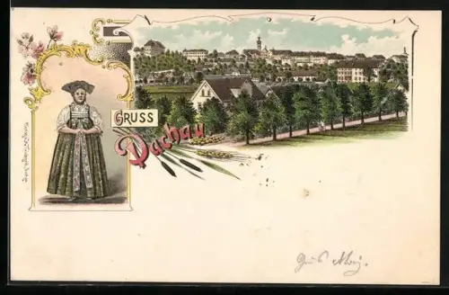 Lithographie Dachau, Ortsansicht mit Allee, Frau in Tracht