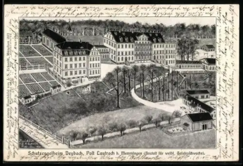 Künstler-AK Lautrach bei Memmingen, Blick auf das Schutzengelheim Deybach aus der Vogelschau