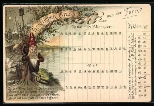 Lithographie Zwerg mit Postkarte und Buchstabiersystem für den Namen des Absenders
