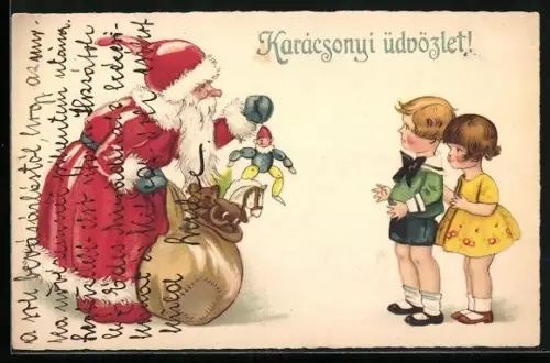AK Weihnachtsmann holt einen Hampelmann aus seinem Sack heraus und zeigt ihn zwei Kindern