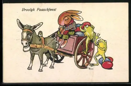 Künstler-AK Frösche stehlen dem Osterhasen Eier