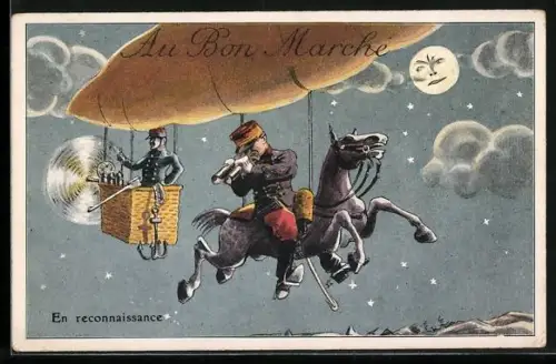 AK Au Bon Marche, französische Soldaten mit Pferd an einem Zeppelin