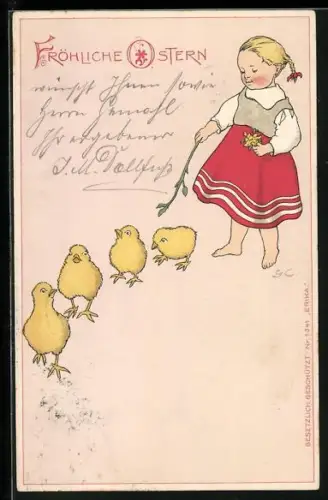 Künstler-AK Gertrud Caspari: Mädchen mit Osterküken
