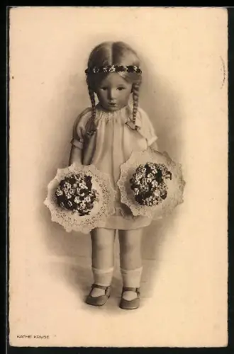 AK Puppe mit Blumensträussen