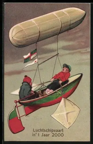 AK Zeppelin mit einem Ruderboot als Gondel