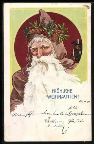 AK Fröhliche Weihnachten, Knecht Ruprecht mit einem Kranz aus Tannenzweigen u. -zapfen und Stechpalmenzweigen
