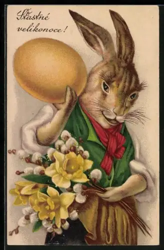 AK Osterhase mit Blumenstrauss und Osterei
