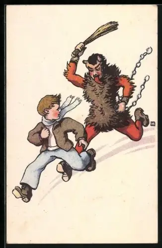 AK Krampus verfolgt Knaben mit der Rute