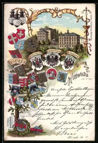 Lithographie Mittweida, Ortsansicht, versch. Wappen