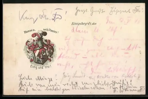 Künstler-AK Königsberg i. Pr., Studentenwappen mit Helm und Federn, Hansea sei`s Panier, Einig und frei