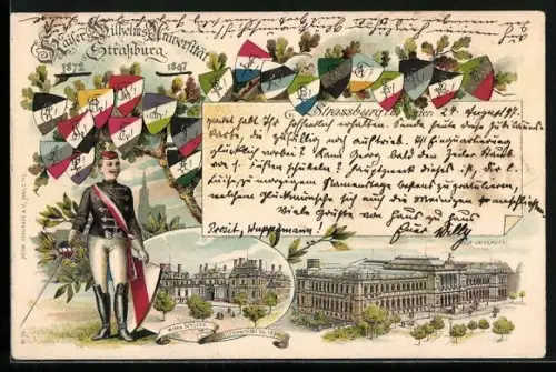 Lithographie Strassburg, Studentenwappen der Kaiser Wilhelms Universität, Student in Uniform