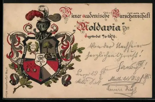 Lithographie Wien, Studentenwappen der Wiener academischen Burschenschaft Moldavia, gegründet 1874