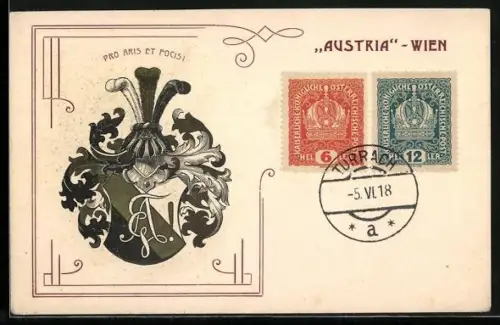 Lithographie Wien, Studentenwappen Austria mit Helm, Pros Aris Et Focisi