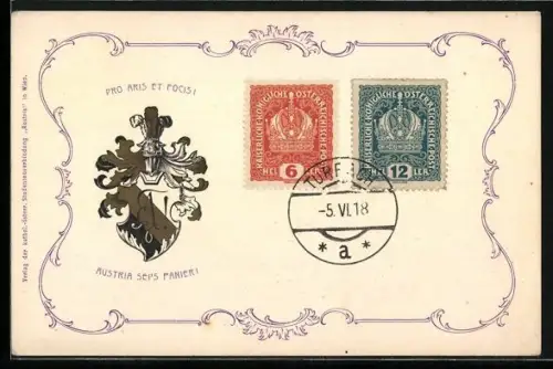 Lithographie Wien, Studentenwappen, Austria sei`s Panier, Pro Aris et Focisi