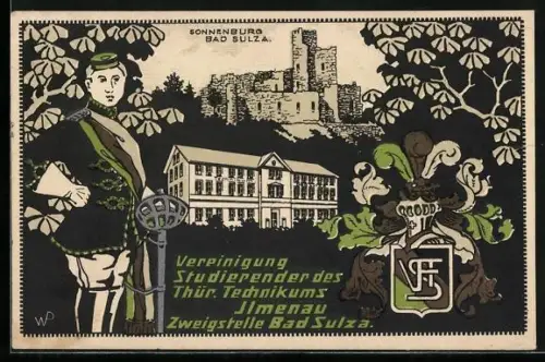 Künstler-AK Bad Sulza, Vereinigung Studierender des Thür. Technikums Ilmenau, Zweigstelle Bad Sulza, Studentenwappen