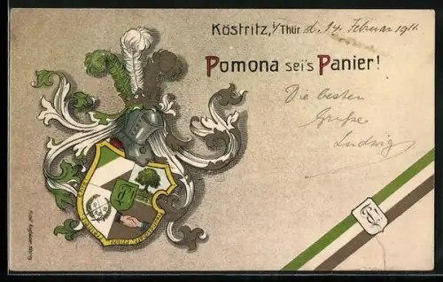 Künstler-AK Köstritz i. Thür., Studentenwappen mit Helm und Federschmuck Pomona sei`s Panier