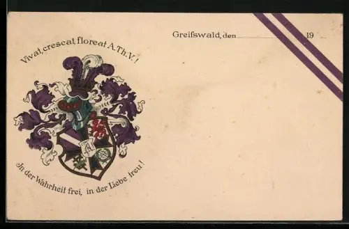 Künstler-AK Greifswald, Studentenwappen mit Helm und Krone, Vivat, crescat, floreat A. Th. V.