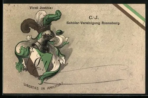 Künstler-AK Ronneburg / S.A., C. J. Schüler-Vereinigung, Studentenwappen Vivat Justitia