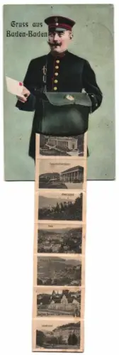 Leporello-AK Baden-Baden, Briefträger mit Brief, Trinkhalle, Landesbad, Josefinen-Brunnen, Conversationshaus