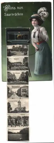 Leporello-AK Saarbrücken, Frau mit einem Fotoapparat, Bahnhof, Partie am Deutschmühlenteich, Ehrental, Marktplatz