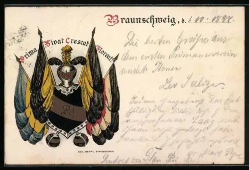 AK Braunschweig, Studentenwappen mit Fahnen, Prima Vivat Crescat Floreat