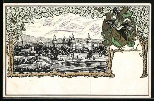 Künstler-AK Aschaffenburg, E. V. Markomannia, Stadtansicht und Studentenwappen