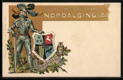 AK Leipzig, Nordalbinga, Ritter mit Studentenwappen, Vivat Crescat Floreat, Eule