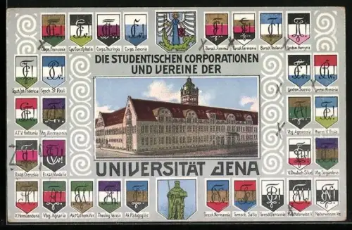 Lithographie Jena, Ansicht der Universität, Studentenwappen