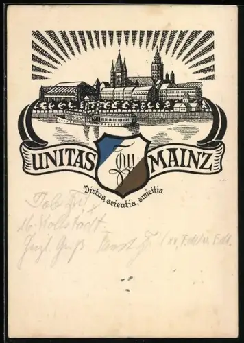 AK Mainz, Unitas Mainz, Studentenwappen und Stadtansicht