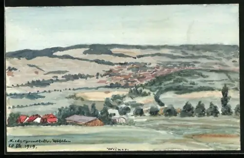 Künstler-AK Handgemalt: Niedergrunstedt, Ortsansicht mit Feldern der Umgebung