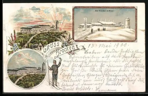 Winter-Lithographie Brocken, Brocken im Schnee, Sonnenaufgang, Mondlandschaft