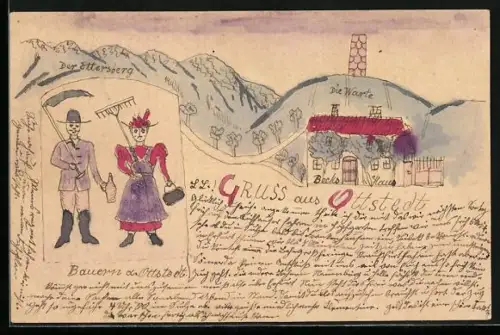 Künstler-AK Handgemalt: Ottstedt am Berge, Becks Haus mit Blick auf die Warte, Bauern der Region